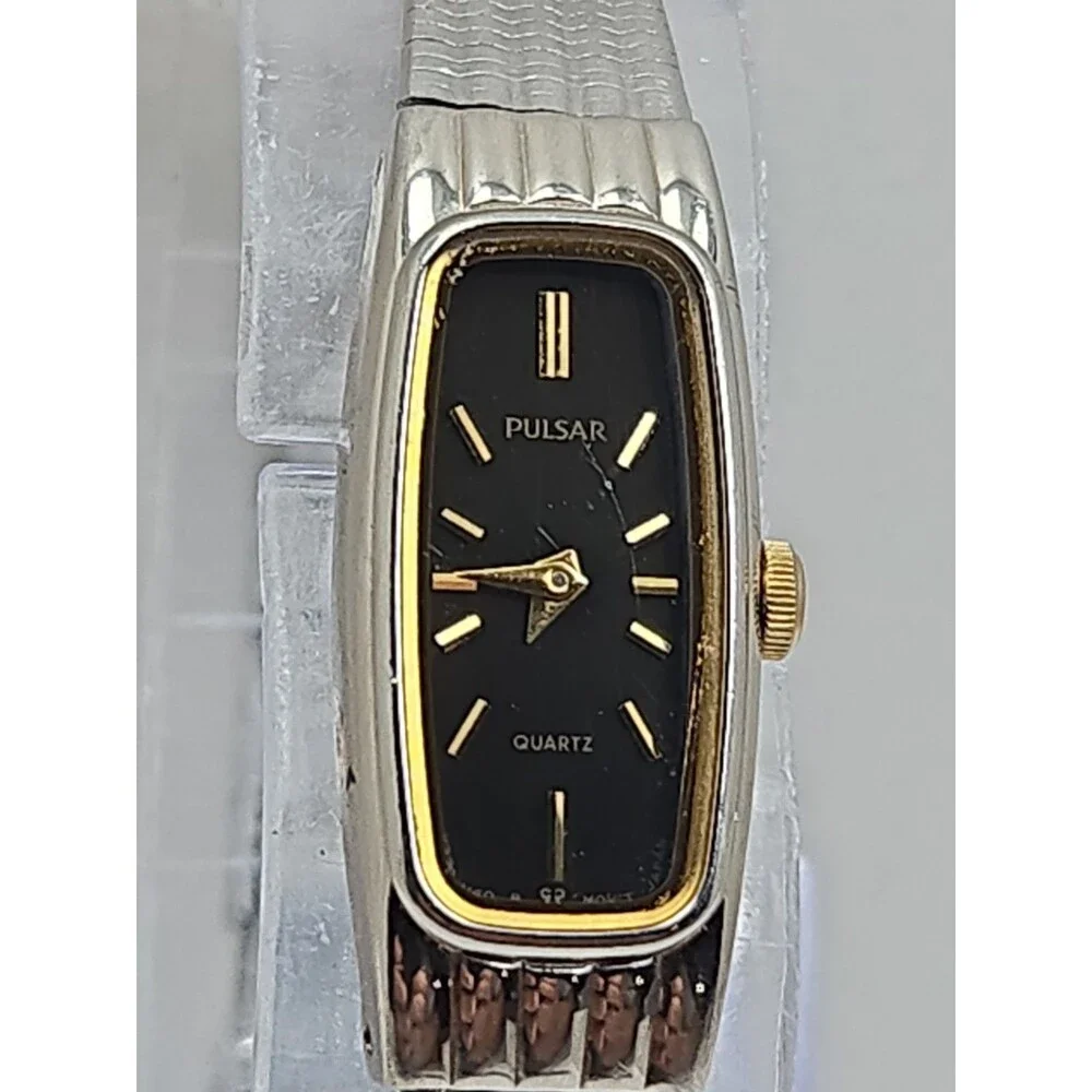 Vintage Pulsar By Seiko Womens Two Tone Black Dial Tank Quartz Watch New Battery